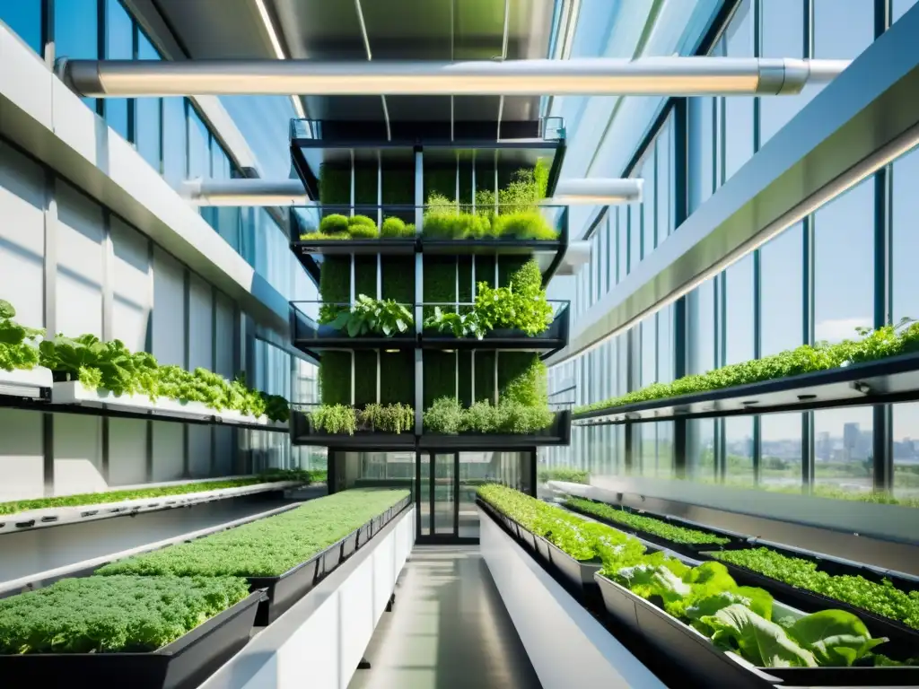 Una imagen impactante de un huerto vertical de última generación bañado por la luz natural, con verduras vibrantes que alcanzan el techo