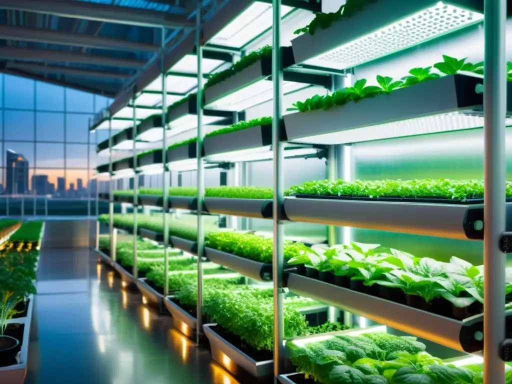 Una imagen impactante de una instalación de agricultura vertical sostenible innovadora, con plantas exuberantes bañadas por luces LED