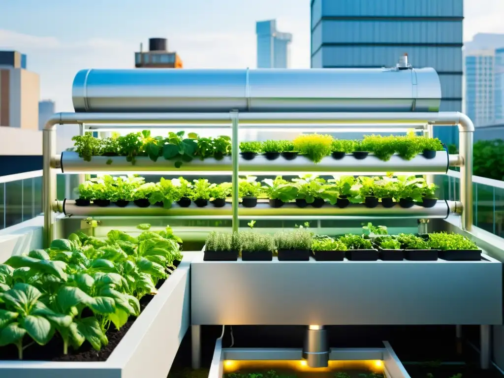 Jardín urbano de acuaponía: moderno y próspero Una imagen impactante de un jardín urbano moderno con un sistema de acuaponía de vanguardia