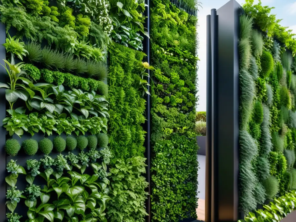 Jardín vertical 8k: innovación y sofisticación eco-friendly Imagen impactante de un jardín vertical moderno con riego sostenible para huertos verticales