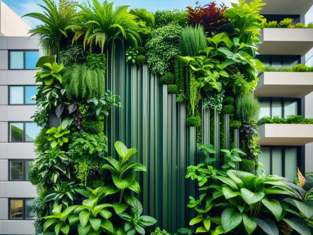 Imagen impactante de un jardín vertical urbano con plantas exuberantes