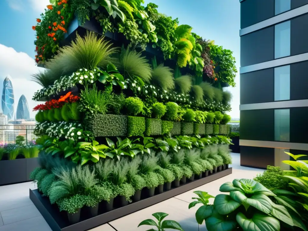 Imagen impresionante de huerto vertical urbano con tecnología integrada y exuberante vegetación