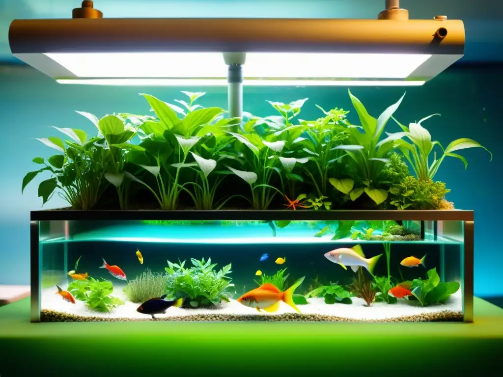 Imagen impresionante de un próspero sistema de acuaponía con plantas exuberantes y peces coloridos