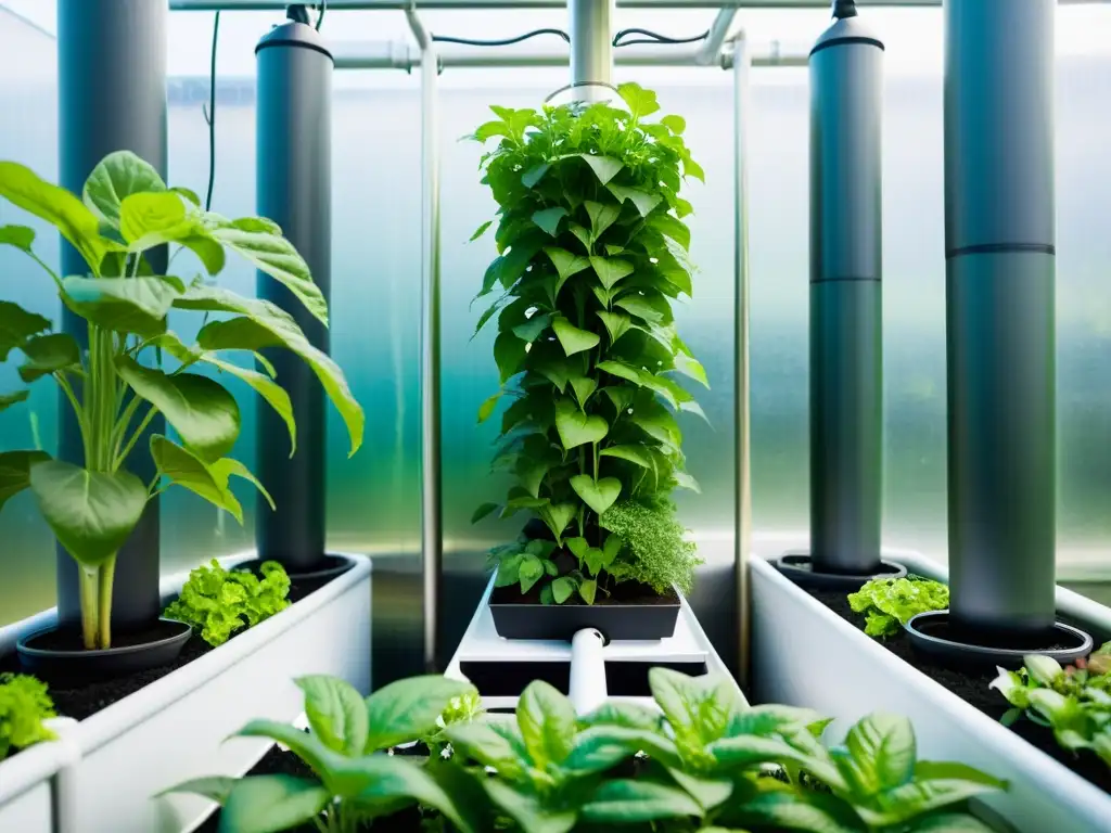 Una imagen moderna y vibrante de un sistema de acuaponía vertical con una variedad de exuberantes plantas verdes en columnas de agua rica en nutrientes, mostrando la comparación de sustratos en acuaponía con un enfoque innovador y sostenible