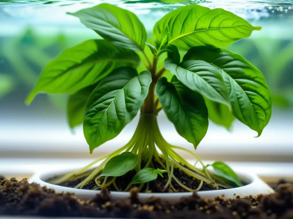 Imagen de una planta de albahaca verde vibrante en un sistema acuapónico, con raíces detalladas sumergidas en agua, rodeada de peces sanos