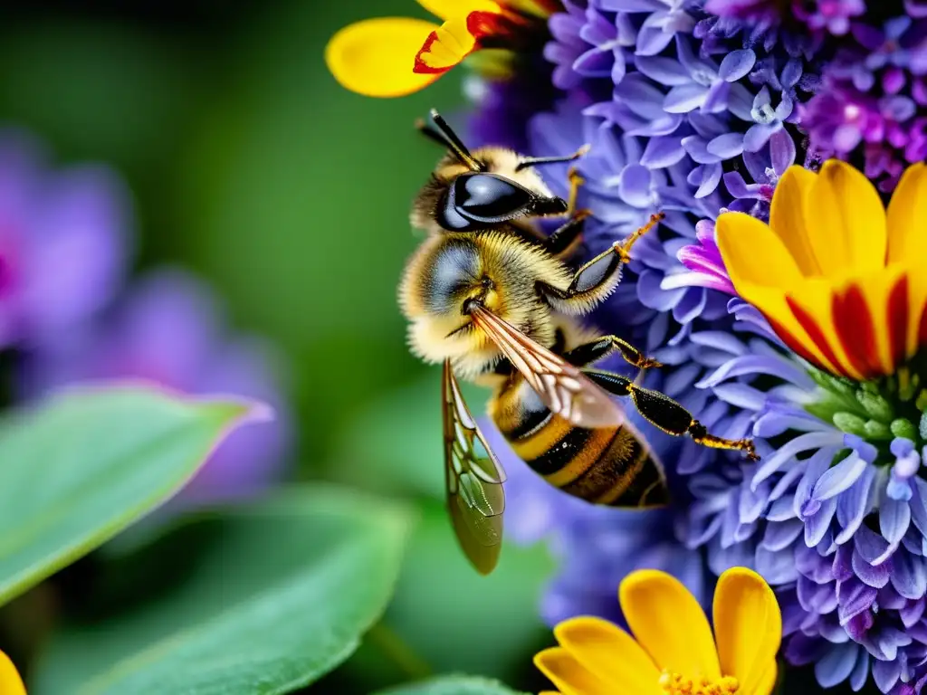 Una imagen de alta resolución de una abeja cubierta de polen en un jardín vertical, resaltando la importancia de la polinización en huertos verticales