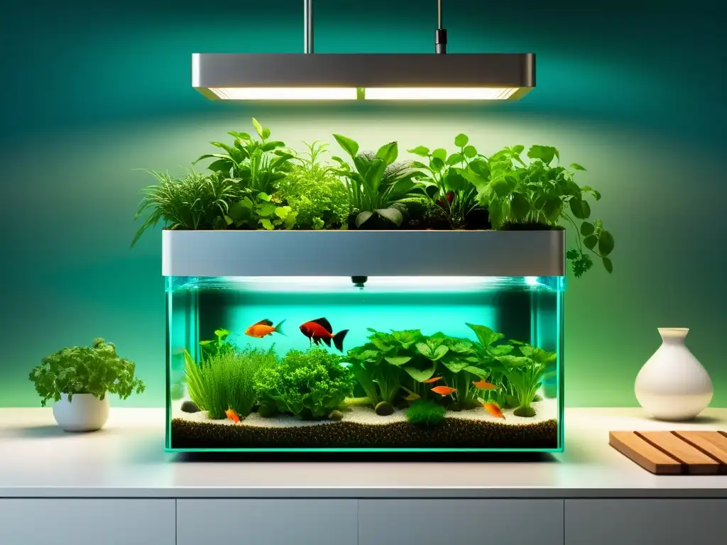 Jardín de aquaponía contemporáneo en cocina elegante Una imagen de alta resolución de un elegante jardín acuapónico en una cocina contemporánea bien iluminada