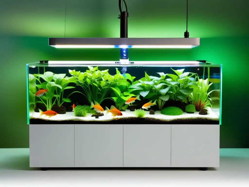 Imagen de un sistema acuapónico integrado de vanguardia, con tanques de acrílico, vegetación exuberante y tecnología de monitoreo