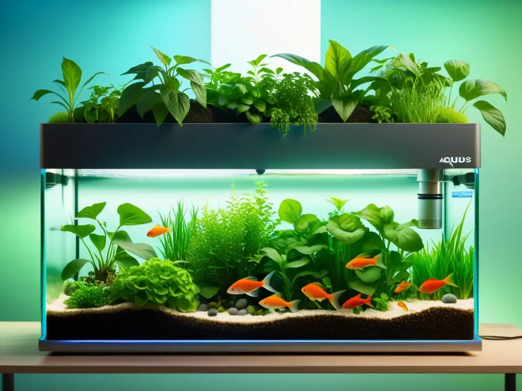 Una imagen de un sistema moderno de acuaponía, con plantas exuberantes y peces nadando en un tanque claro y bien mantenido