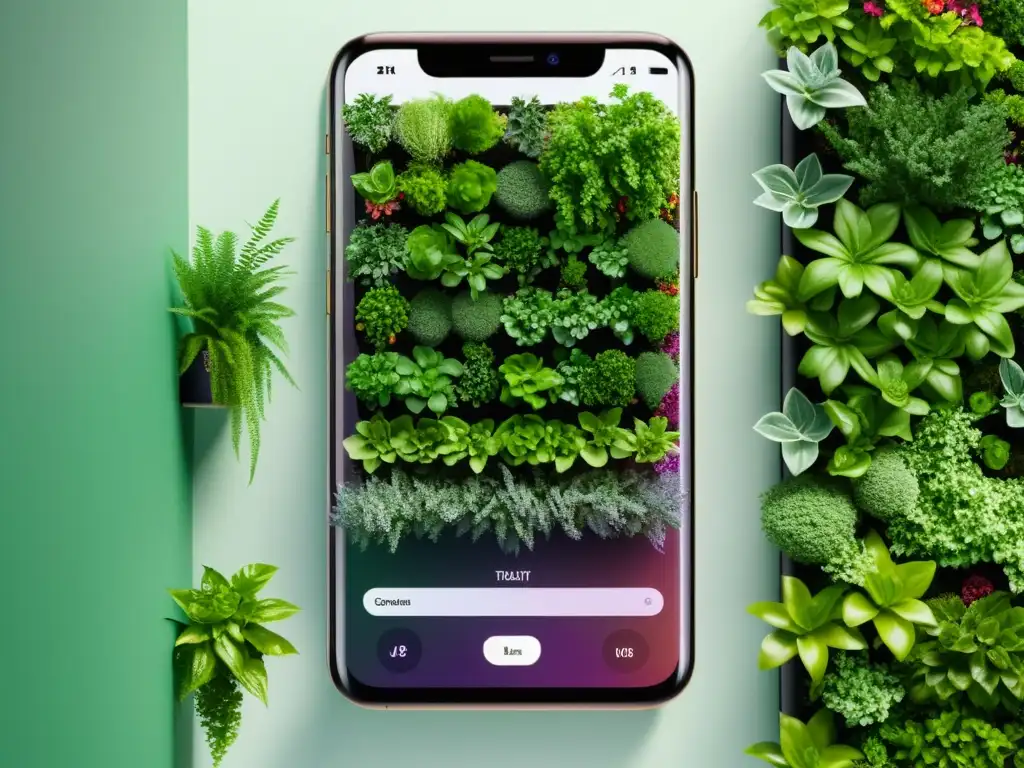 Imagen 8k de smartphone mostrando app para huerto vertical automatizado