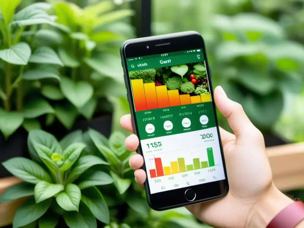Imagen de un smartphone con app de monitoreo para huertos verticales, mostrando datos en un jardín vertical exuberante y tecnológico
