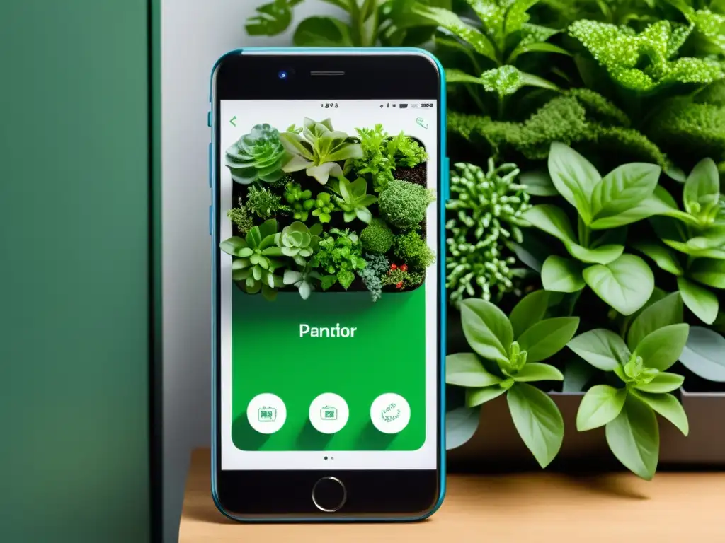 Una imagen de smartphone con una app de monitoreo para huertos verticales, integrando tecnología y naturaleza en un entorno contemporáneo
