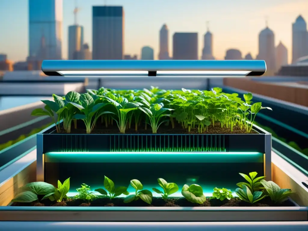 Imagen de acuaponía urbana automatizada con diseño moderno y tecnología avanzada, integrando vegetación exuberante y peces prósperos