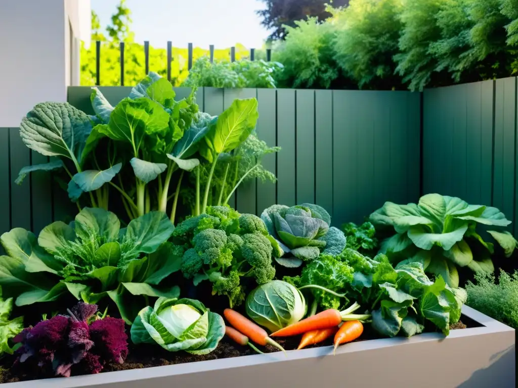 Una imagen urbana de un huerto vibrante, con verduras fermentables y hierbas, fusionando naturaleza y modernidad en la fermentación en huertos urbanos