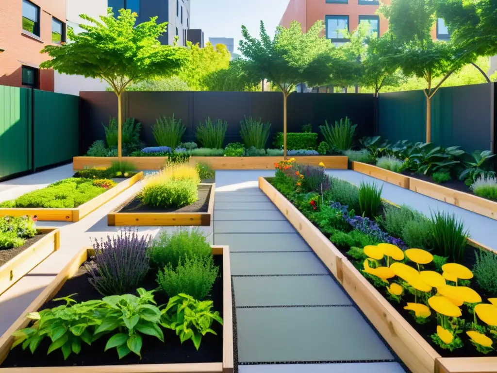 Imagen de un jardín urbano inclusivo con espacios verdes accesibles para discapacidad, senderos pavimentados y lechos elevados con plantas coloridas