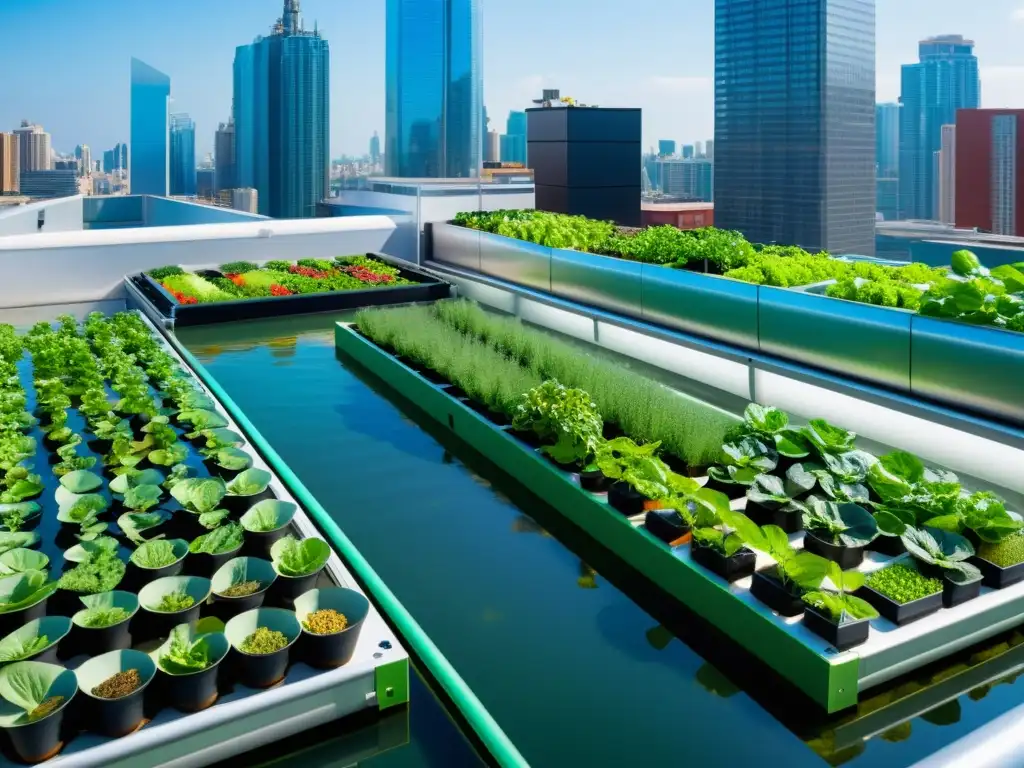 Imagen de un jardín urbano innovador con sistema de aquaponía, mostrando la coexistencia de naturaleza y vida urbana