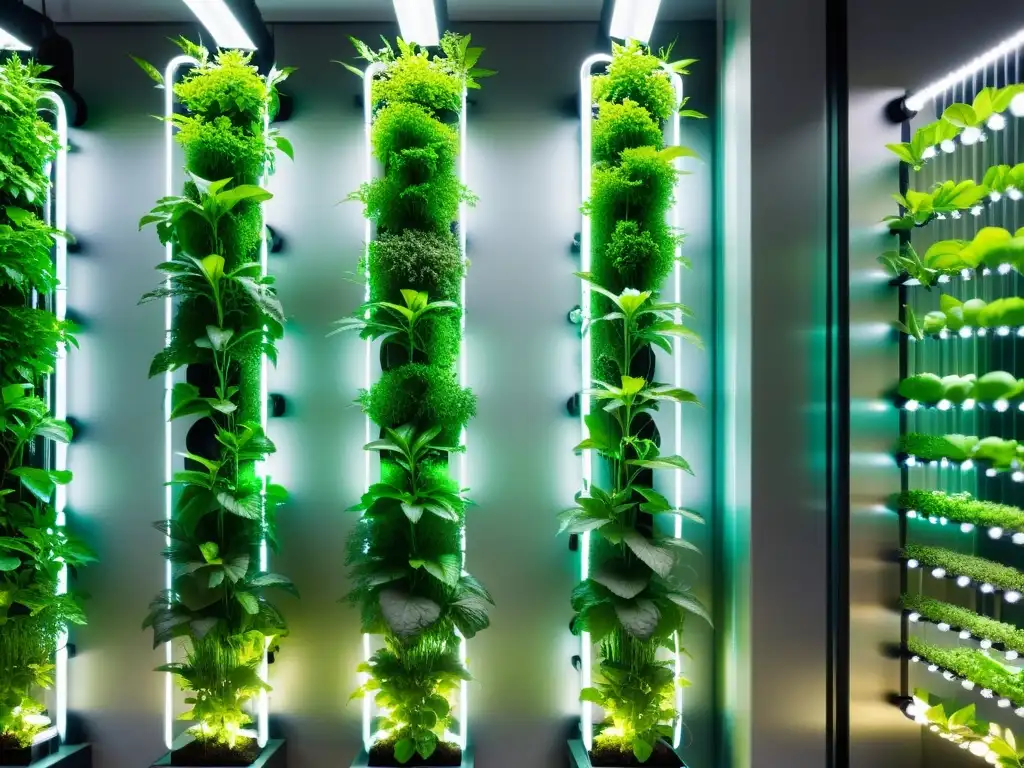 Imagen de un jardín vertical futurista con nanotecnología en huertos verticales urbanos, iluminado por luces LED y vegetación exuberante