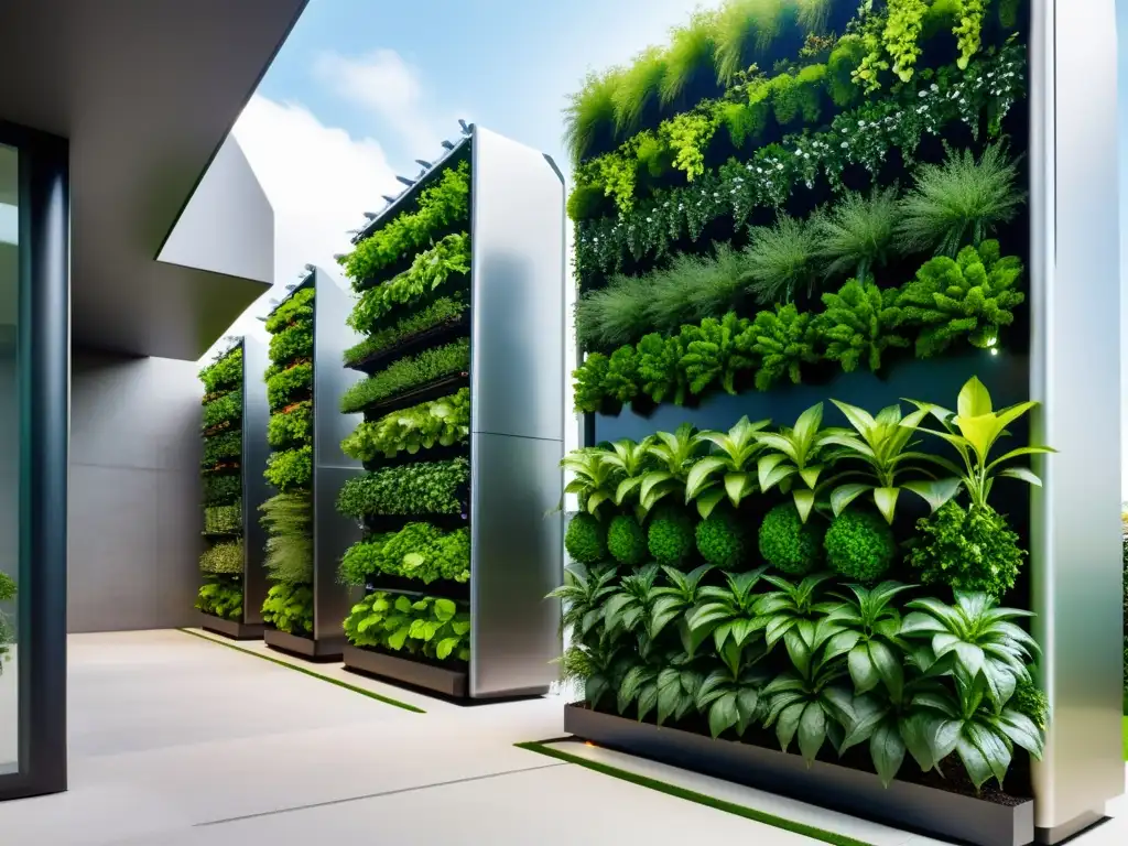 Una imagen de un jardín vertical futurista con tecnología integrada, vibrante vegetación y un ambiente moderno