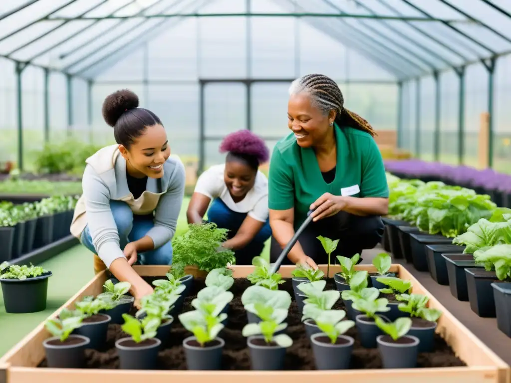 Una imagen vibrante de agricultura urbana en un centro de rehabilitación, muestra diversidad y comunidad en terapia hortícola