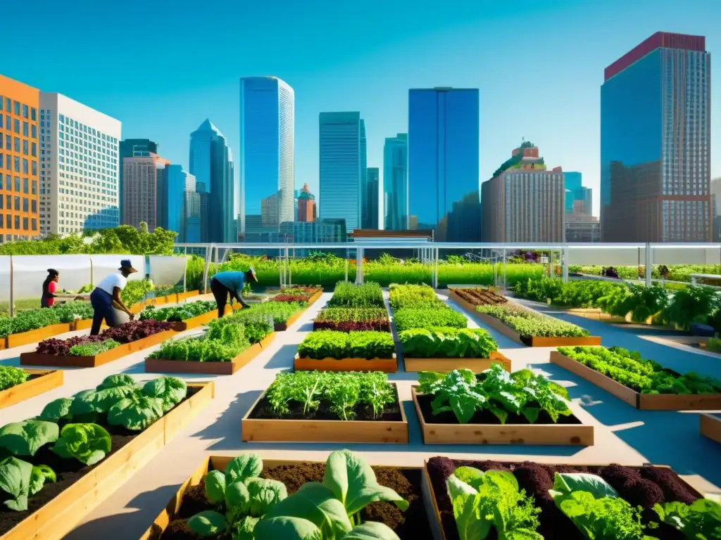 Una imagen vibrante de agricultura urbana innovadora en una ciudad bulliciosa, con subvenciones nacionales