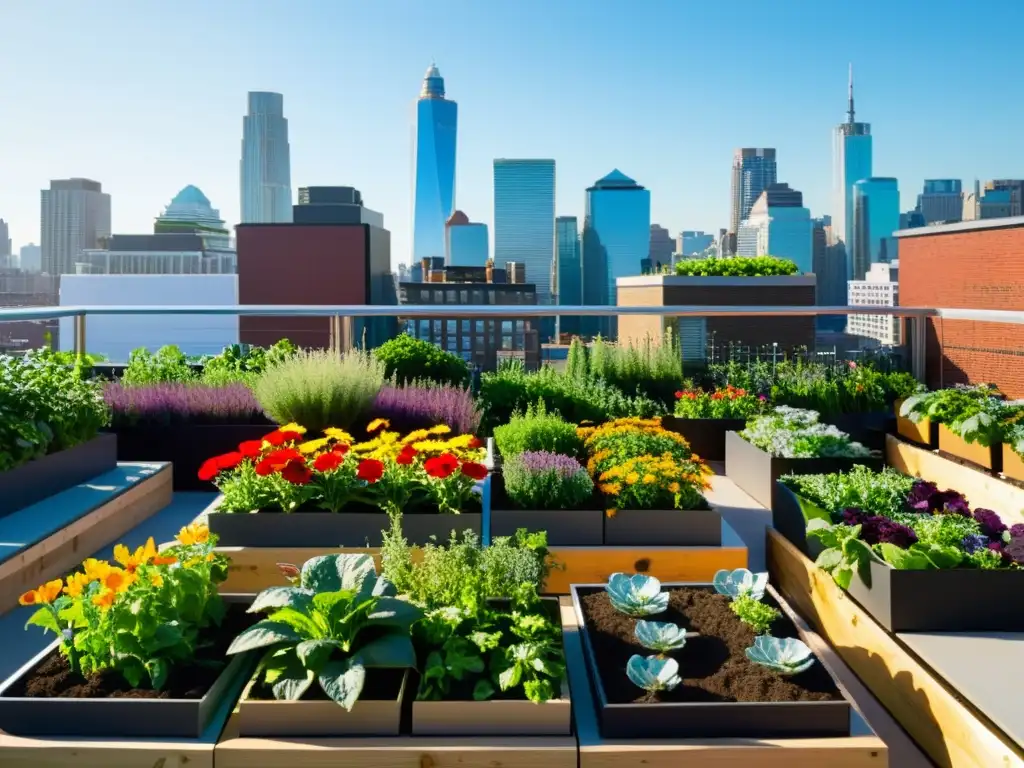 Imagen de una vibrante agricultura urbana en la azotea de la ciudad, mostrando la reducción de emisiones y el cambio climático