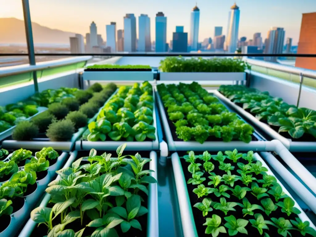 Una imagen vibrante de un próspero huerto urbano acuapónico, mostrando verduras y hierbas verdes