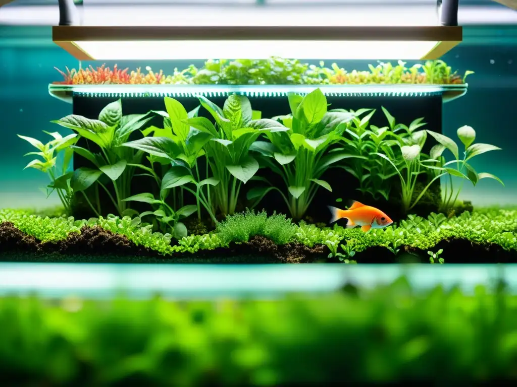 Imagen vibrante de un sistema acuapónico próspero con plantas verdes exuberantes y peces saludables, destacando la gestión de nutrientes en acuaponía