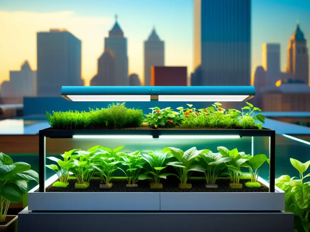 Una imagen vibrante de un sistema de acuaponía urbana moderno y eficiente, con plantas exuberantes y peces activos