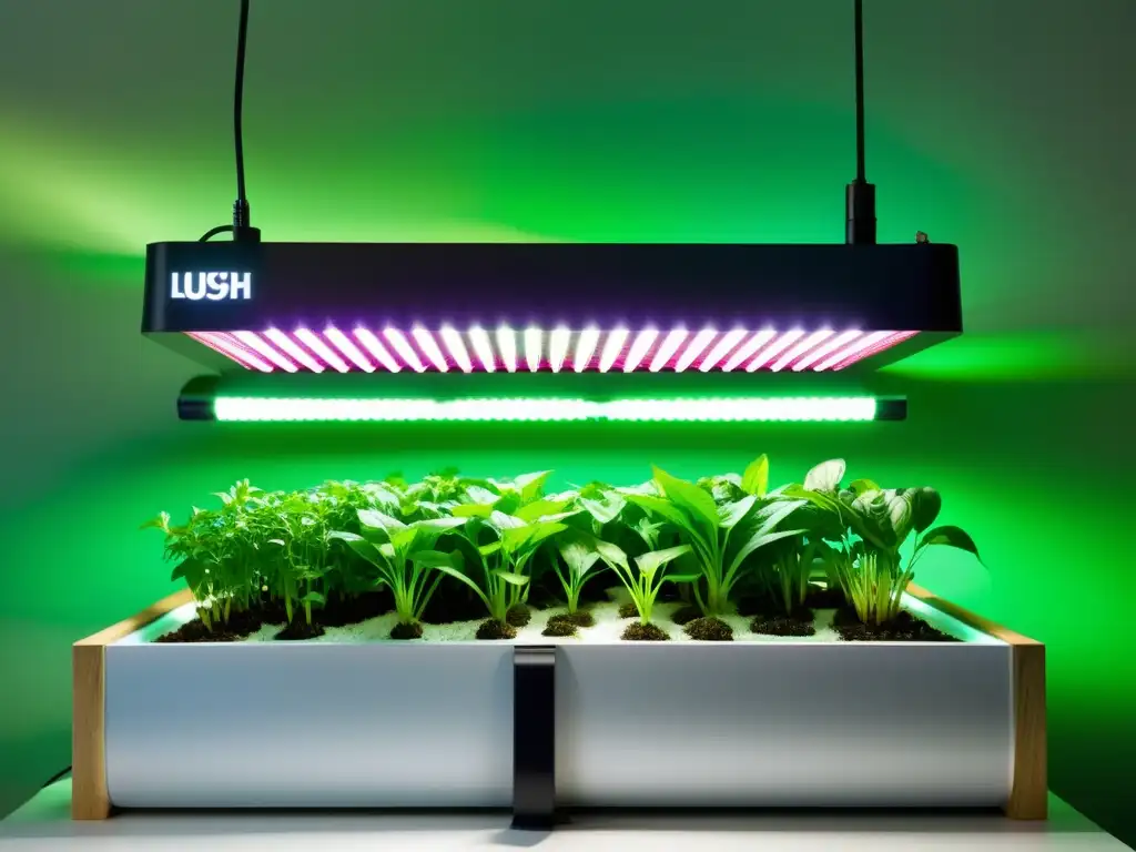 Una imagen vibrante de un sofisticado sistema de acuaponía con plantas exuberantes y luces LED futuristas iluminando el montaje