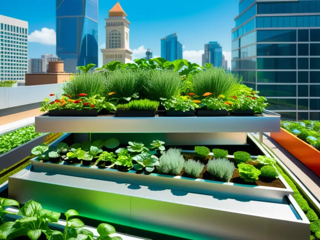 Una imagen vibrante de un jardín urbano futurista con sistemas acuapónicos, mostrando la producción de alimentos sostenible en la ciudad