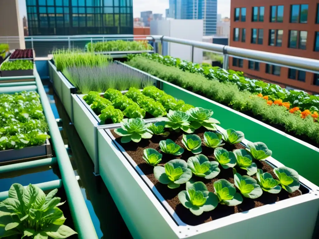 Una imagen vibrante de un jardín urbano moderno con sistema acuapónico integrado, mostrando vegetación exuberante y tecnología sostenible