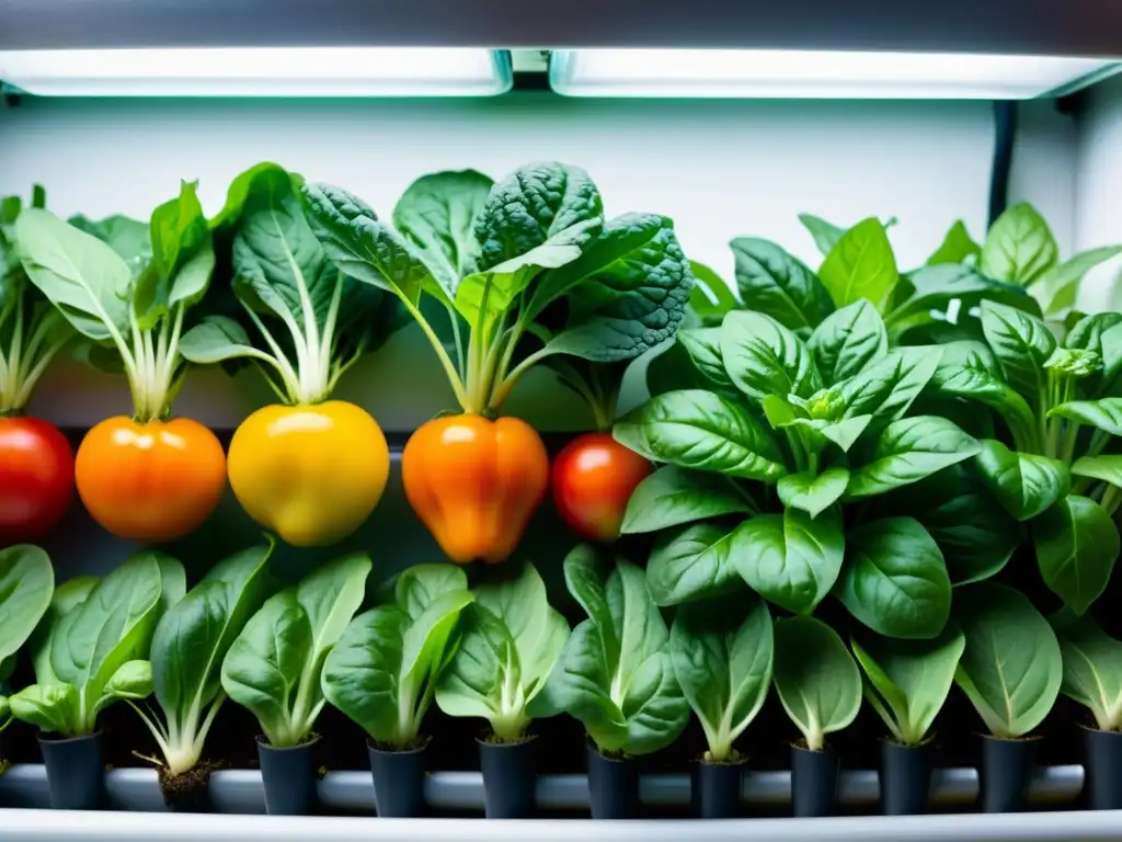 Una imagen vibrante de verduras y frutas en un sistema de acuaponía, resaltando la frescura y vitalidad