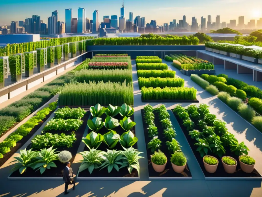 Una impactante agricultura urbana florece en el bullicioso jardín de la azotea de la ciudad, fusionando desarrollo urbano e innovación agrícola