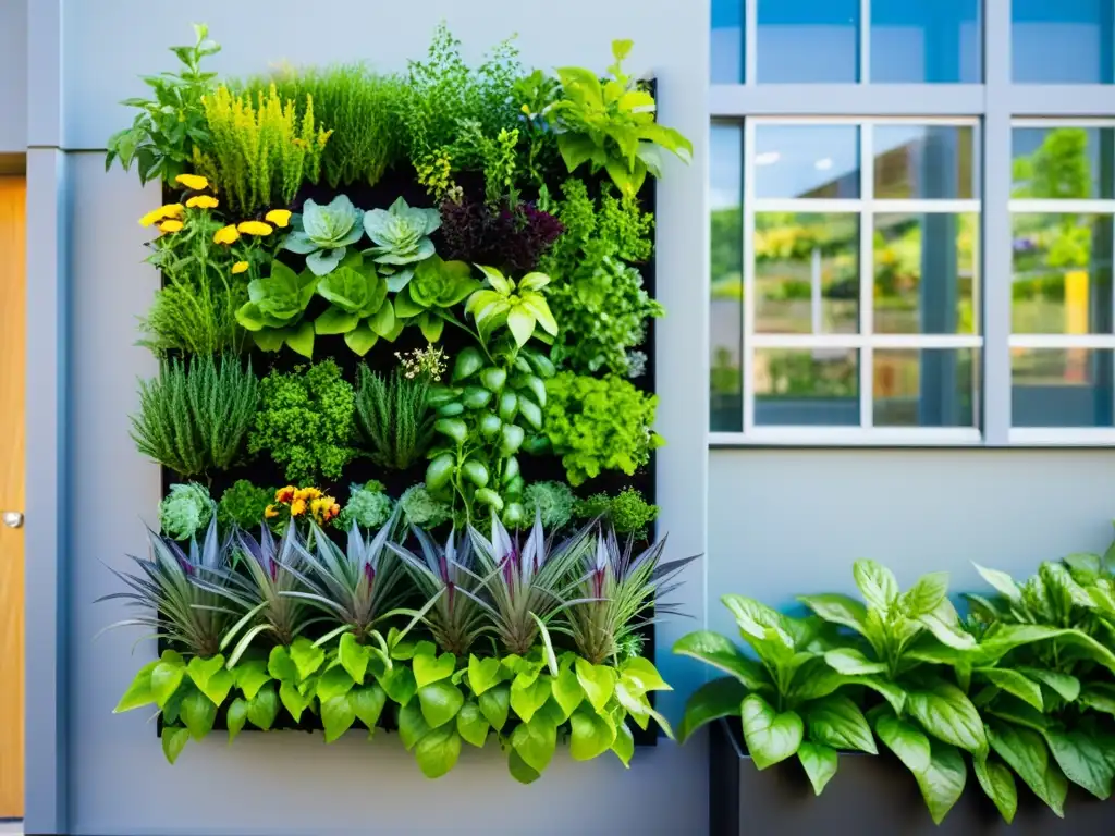 Una impactante huerta vertical en escuela, promoviendo la agricultura urbana en escuelas con estudiantes cuidando las plantas