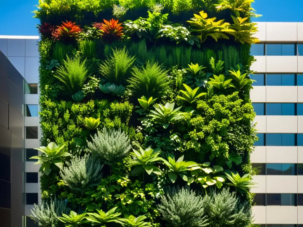 Un impactante huerto vertical con plantas nativas, fusionando la naturaleza y la arquitectura en un estallido de belleza ecoamigable