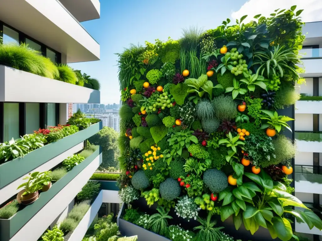 Un impactante huerto vertical sostenible en un balcón urbano, con frutas, verduras y hierbas