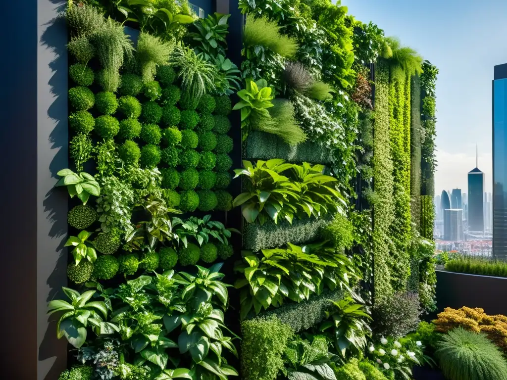 Un impactante huerto vertical sostenible, fusionando naturaleza y vida urbana en un vibrante jardín