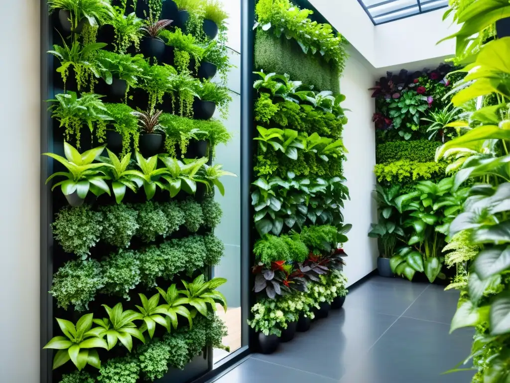 Jardín vertical: belleza y sofisticación Una impactante imagen de un huerto vertical, con plantas exuberantes y vibrantes en un diseño moderno y elegante