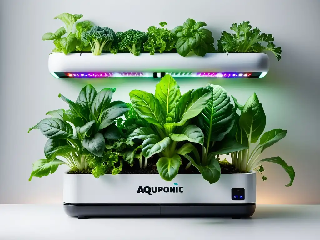 Una impactante imagen de un jardín vertical acuapónico lleno de verduras exuberantes, con un innovador diseño que destaca los beneficios de verduras de acuaponía