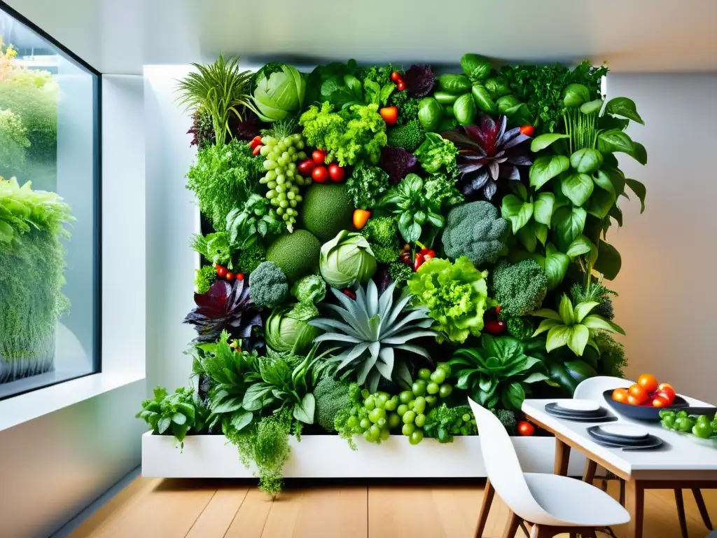 Una impactante imagen de un jardín vertical moderno y exuberante, con alimentos orgánicos para dieta sana en detalle vibrante