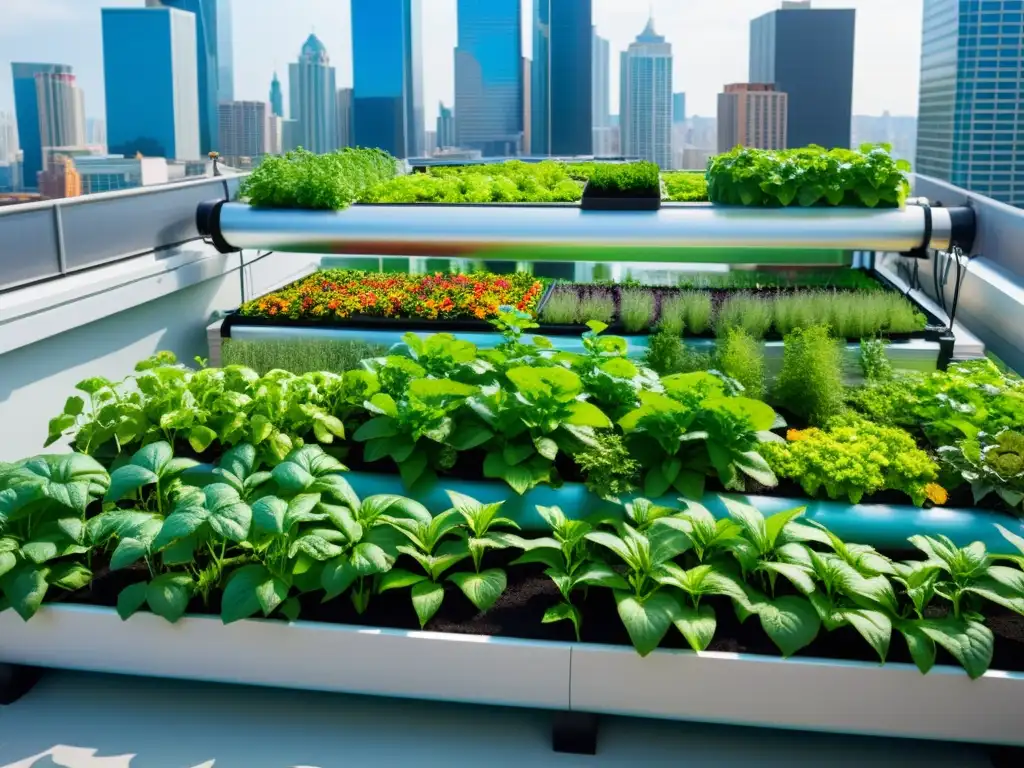 Una impactante acuaponía urbana en un jardín de azotea, combinando naturaleza y ciudad