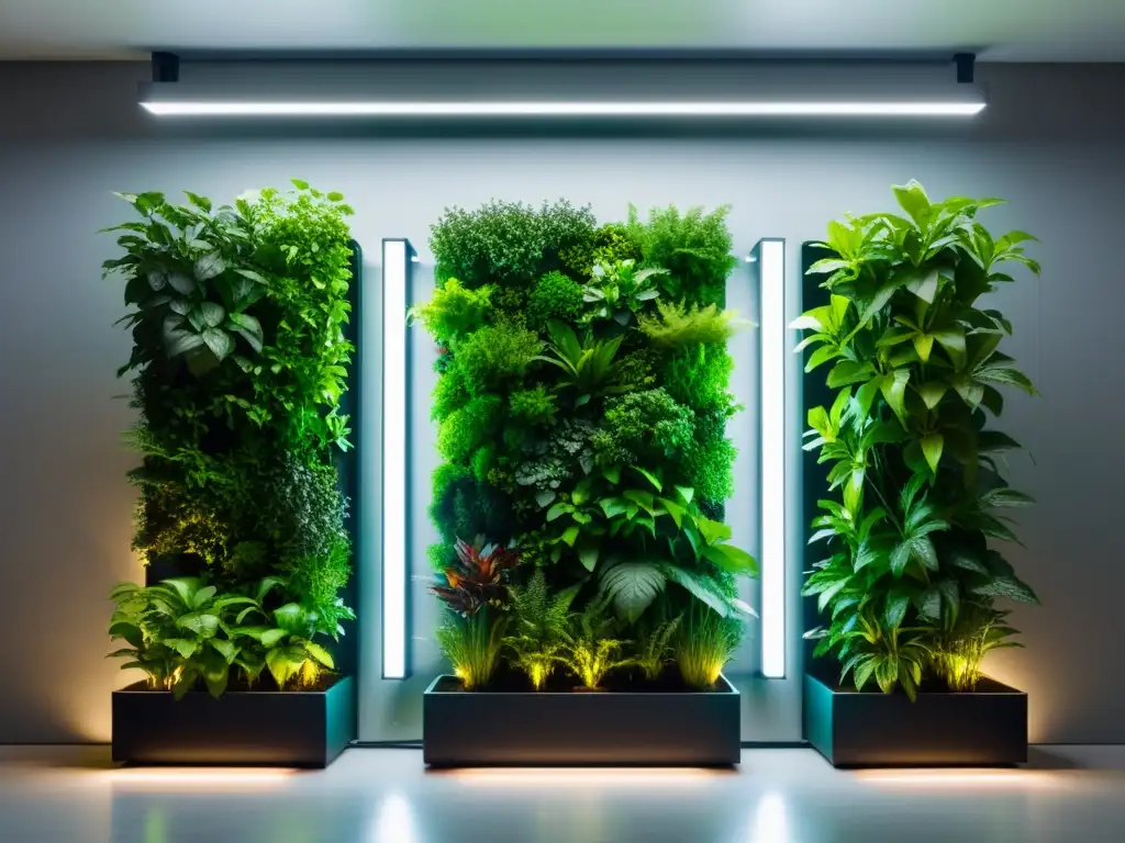 Un impactante jardín vertical interior con plantas vibrantes iluminadas por luces LED