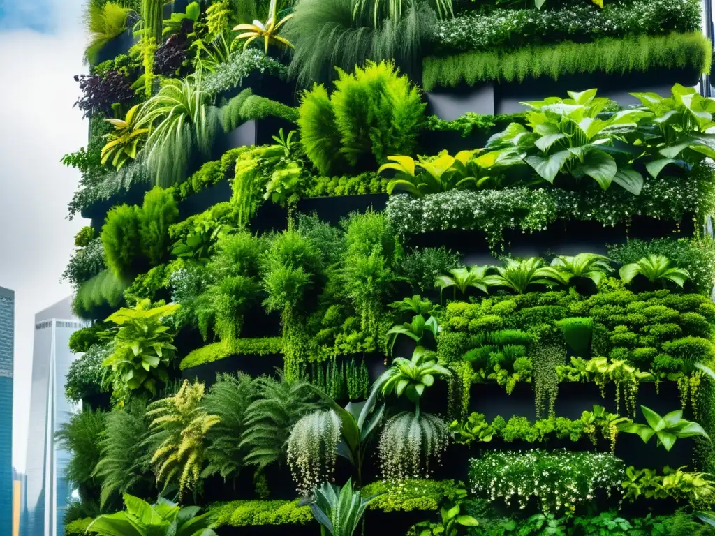 Un impactante jardín vertical urbano con ventajas huertos verticales urbanos, un mosaico verde vibrante en armonía con la arquitectura contemporánea