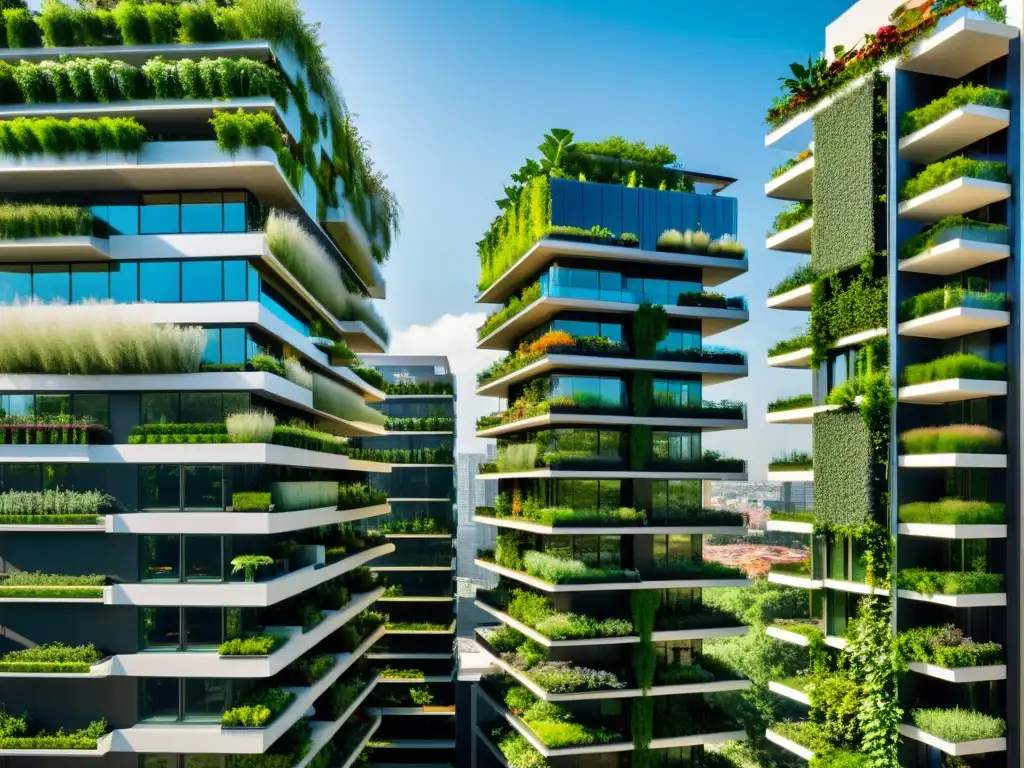 Imponente edificio urbano con huertos verticales sostenibles, exuberante y moderno, en contraste con la ciudad