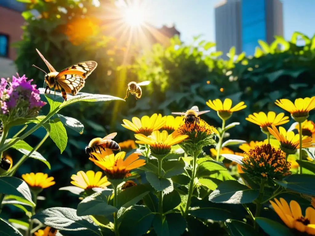 Imponente jardín urbano rebosante de vida, resaltando la importancia de la polinización en huertos urbanos