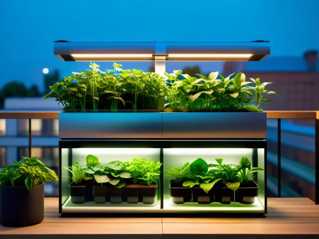 Balcon urbano: aquaponía moderna y elegante Una impresionante acuaponía en balcones urbanos, con diseño moderno, tanques acrílicos y plantas verdes vibrantes bajo luces LED elegantes