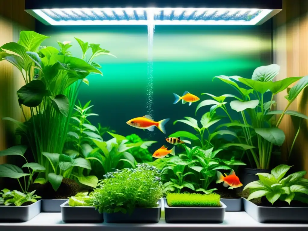 Una impresionante acuaponía con peces y plantas vibrantes, destacando la selección de especies para acuaponía