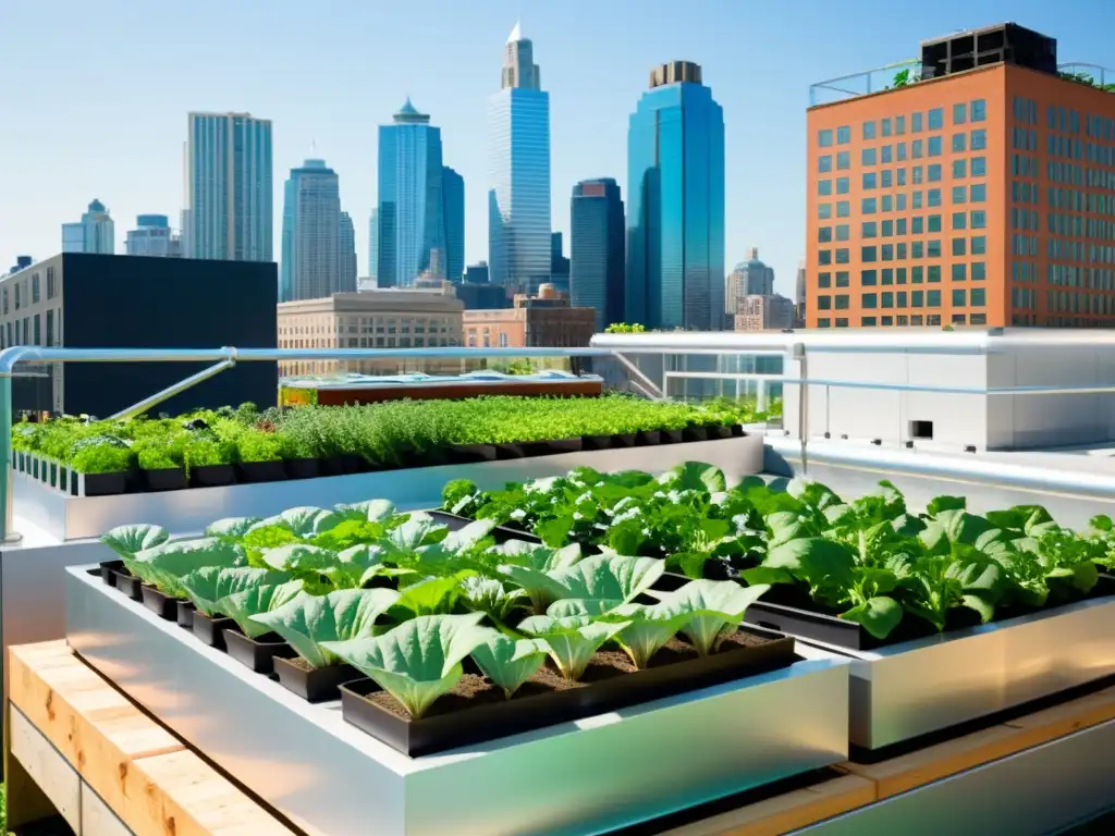 Una impresionante acuaponía en jardín urbano, reducción huella carbono con vista a la ciudad