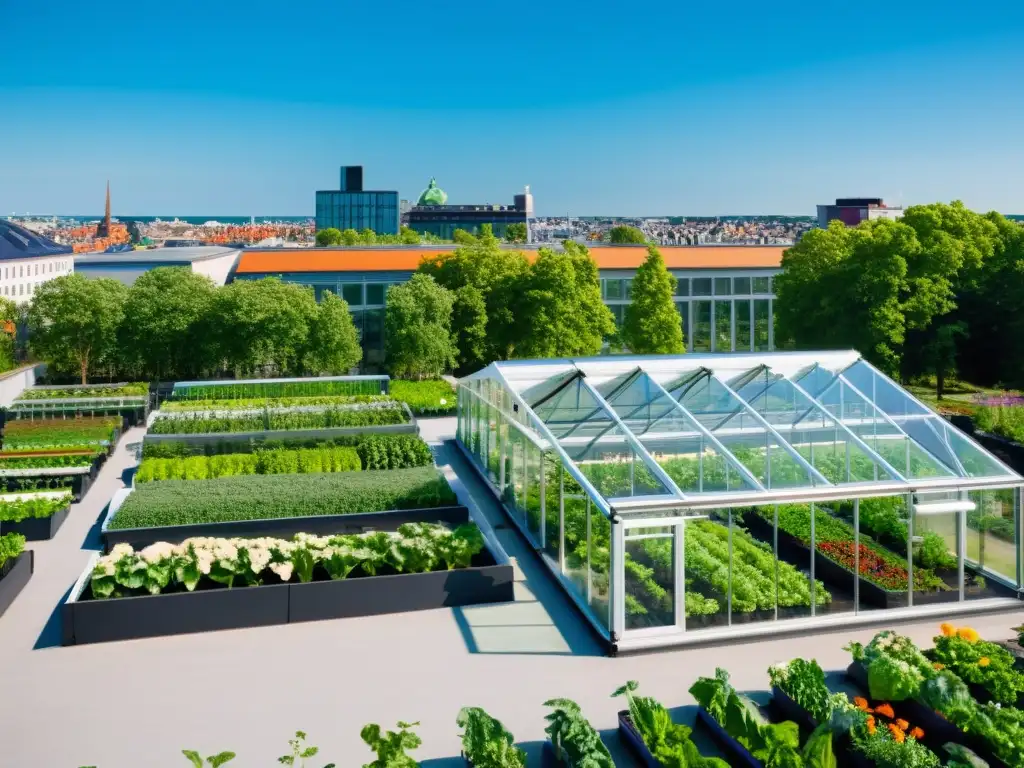 Una impresionante agricultura urbana sostenible en Escandinavia, con un invernadero en la azotea integrado perfectamente en la ciudad moderna