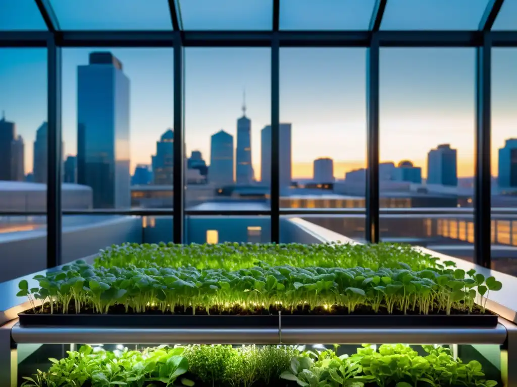 Un impresionante cultivo vertical de microgreens en espacios urbanos, con una granja moderna en una ciudad bulliciosa